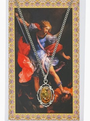 Saint Michael Pewter medal with 18-inch chain, Saint Michael Pewter medal with holy card