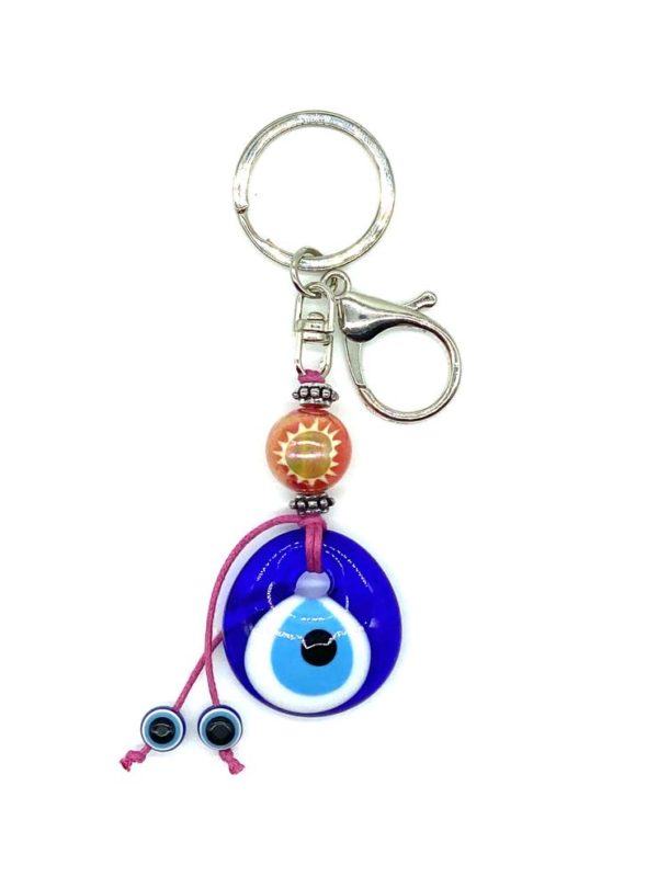 Evil eye key chain, glass eye with pink bead