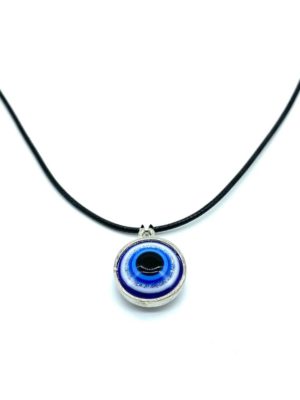 Evil Eye with silver trim, black leather cord necklace