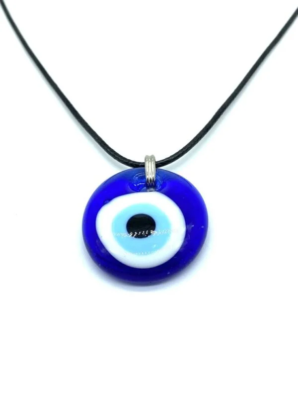 Glass Evil Eye with black leather cord necklace 20 inch cord