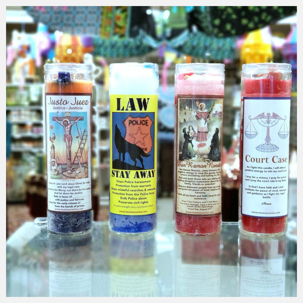 4 Court Case candles with lamps overhead