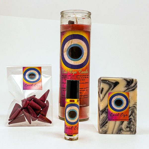 Evil Eye Set soap, pheromone oil, scented candle and incense cones