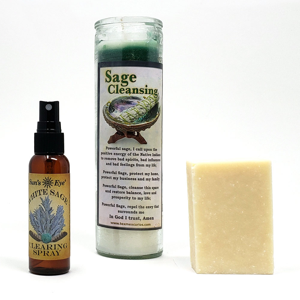 White Sage candle with white sage soap and spray