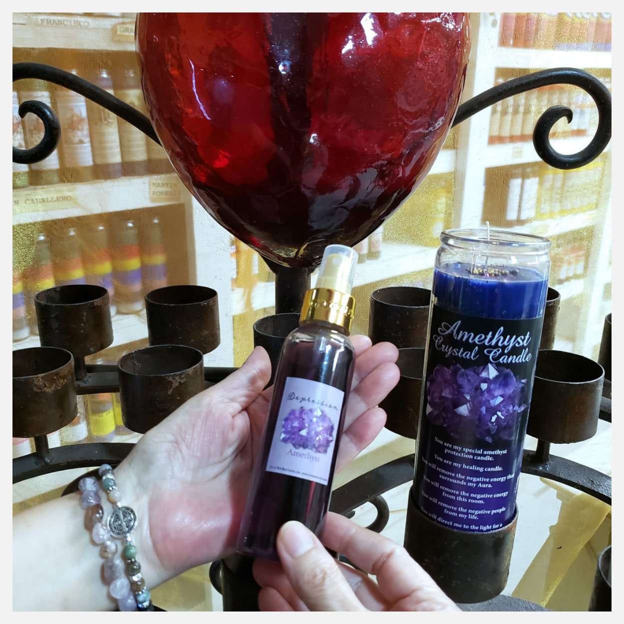 Amethyst Spray & Candle Set with red heart